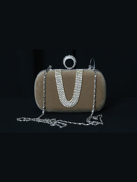 Beige and Silver Clutch with Rhinestones
