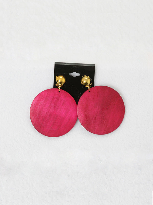 Red Rounded Wood Clip On Earrings