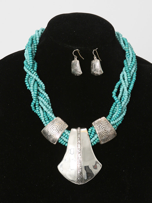 2 Pcs. Turquoise with Silver Pendent Necklace Set - Theresa Exotic Apparel