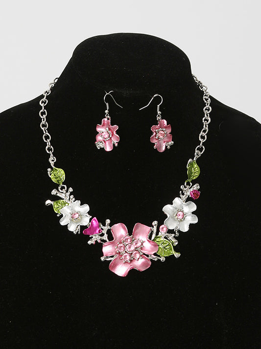 2 Psc Multi Color Flower Necklace Set