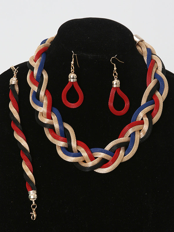 3 Pcs. Multicolored Braided Necklace Set with Red Earrings - Theresa Exotic Apparel