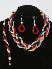 3 Pcs. Multicolored Braided Necklace Set with Red Earrings