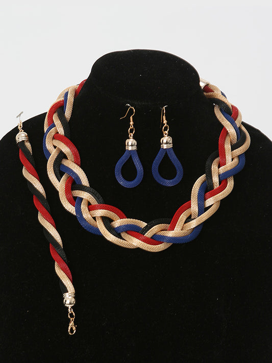 3 Pcs. Multicolored Braided Necklace Set with Blue Earrings